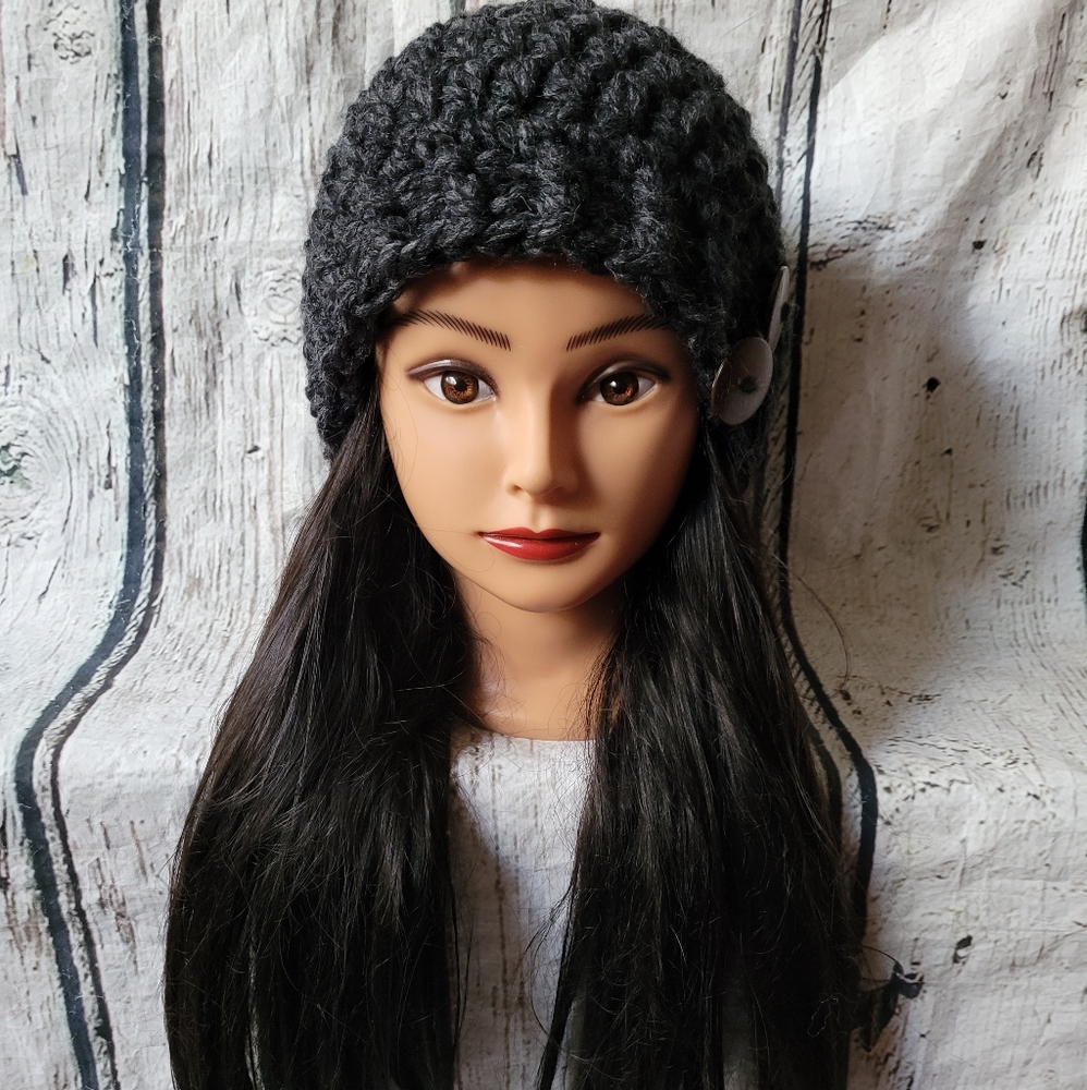 Women's Crochet Gray Wool winter hat - Picture 2 of 14